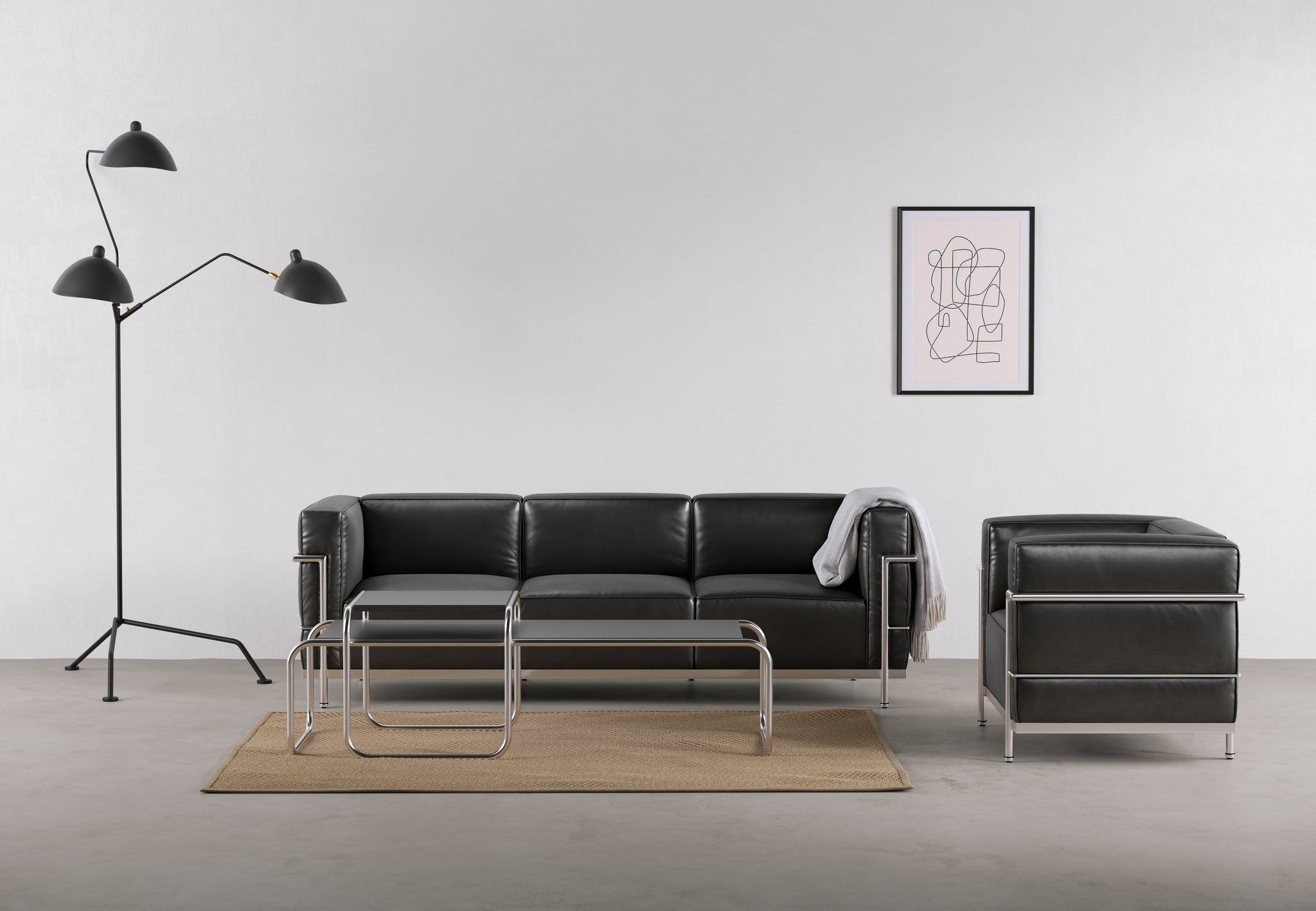 Corbusier - Corbusier Grand Modele Three Seater Sofa, Midnight Black Premium Leather